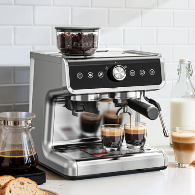 Euhomy Espresso Machine With Grinder, 15 Bar Coffee Maker With Milk Frother Steamer Wand, Removable Water Tank, Silver