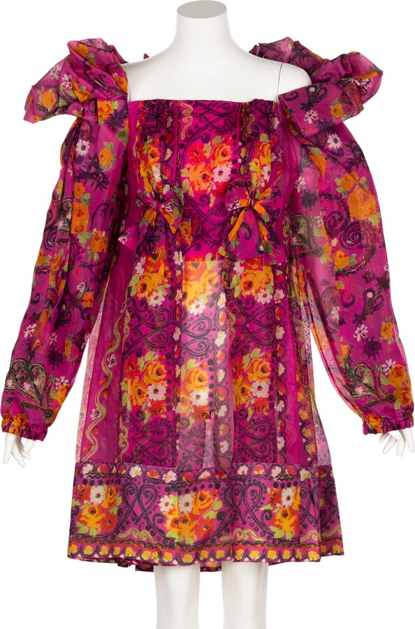 Christian Lacroix Pink Print Silk Ruffle Dress S/s 1992