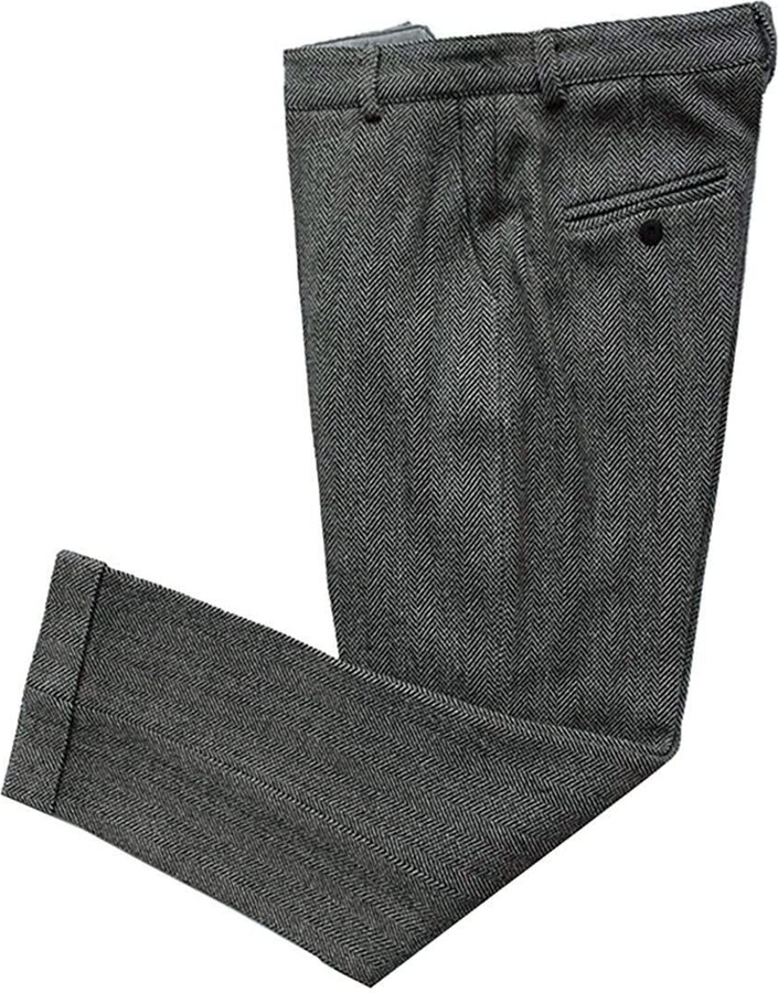 HSLS Men's Retro Herringbone Tweed Dress Suit Pants Trousers Wool Flat  Front Grey 36 - ShopStyle