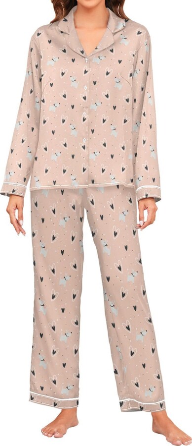 Oarencol Pajama Set for Women Cute Dog Animals Heart Dots Pink Long Sleeve  Shirt and Wide Leg Pants Outfits Loungewear V Neck L - ShopStyle