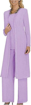 Botong Women's 3 PC Chiffon Pants Suits Mother's Outfit for Wedding Plus Size Evening Gowns Dress Suit Purple UK14