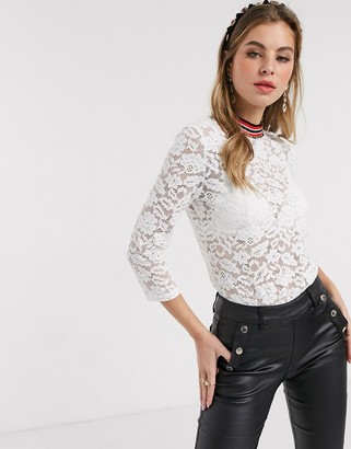 Morgan high neck contrast neck sheer lace top in white