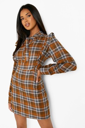 boohoo Pussybow Frill Detail flannel Dress