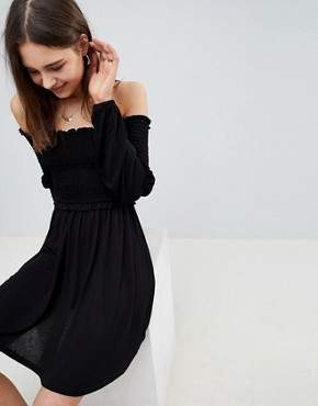 ASOS Design Off Shoulder Sundress with Shirring and Balloon Sleeves