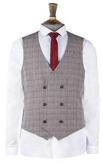 Burton Mens Grey And Red Prince Of Wales Check Skinny Fit Waistcoat