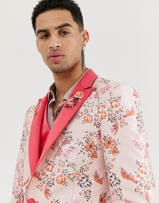 ASOS EDITION skinny suit jacket in pink floral jacquard with embroidered lapel