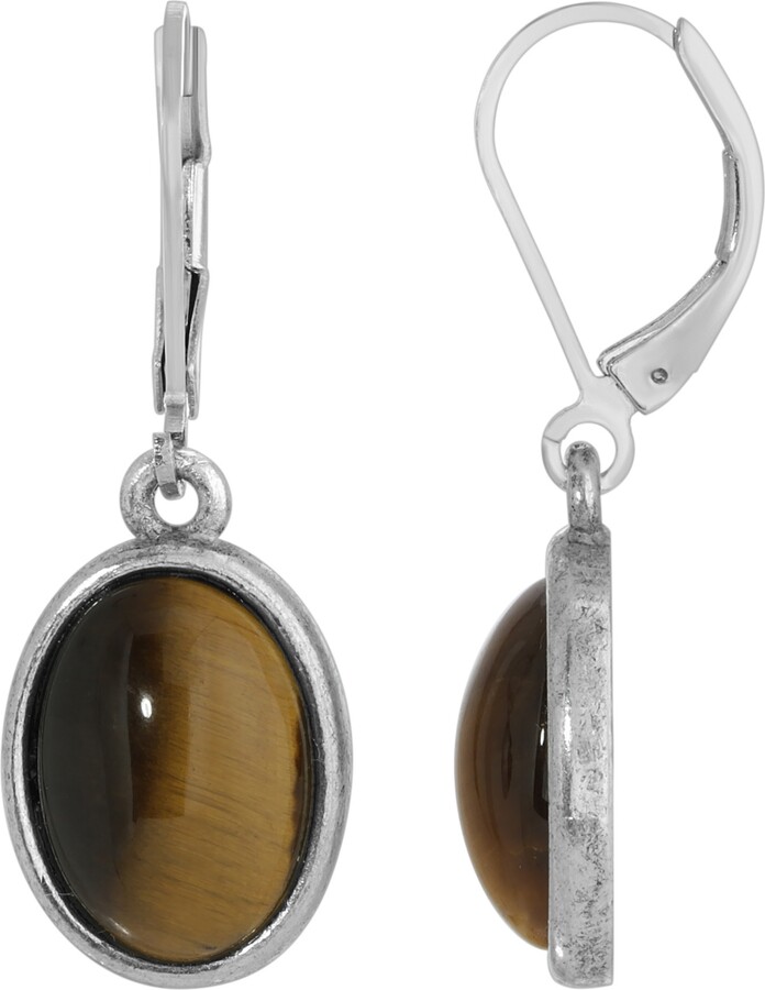 Sterling Silver Cabochon Stone Oval Shaped Leverback Earrings