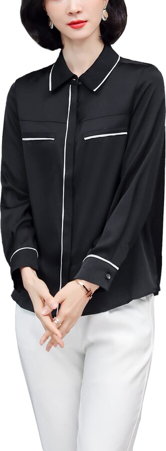 DISSA Women's Black Silk Blouses Button Down Shirts Top Solid Long Sleeve  Lapel Blouse - ShopStyle