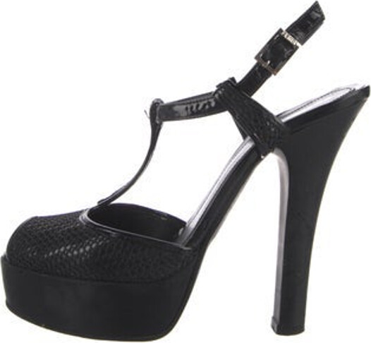 Fendi Mesh T-Strap Pumps Black Patent Leather Trim Peep-Toes with Leather Trim Embellishment Platform Straps & Buckle Closure at Ankles