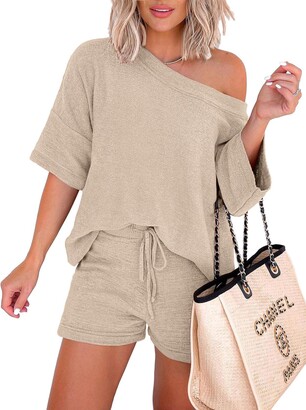 KIKIBERRY Women's 2 Piece Outfits Sweater Set Off Shoulder Casual Knit  Loose Top with Short Suits Apricot XX-Large - ShopStyle