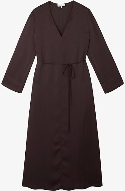 The White Company Womens Dark Choc V-Neck Relaxed-Fit Satin Midi Dress 18