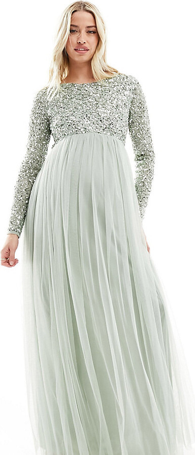 Maya Maternity Bridesmaid long sleeve maxi dress with delicate sequin in  sage green - ShopStyle