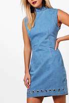 Thumbnail for your product : boohoo High Neck Eyelet Denim Bodycon Dress
