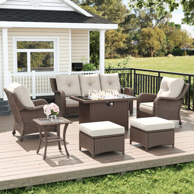 7 Piece Wicker Outdoor Furniture Set with 6-inch Comfy Cushions, High Back Patio Furniture Set with Armchairs and Fire Pit Table