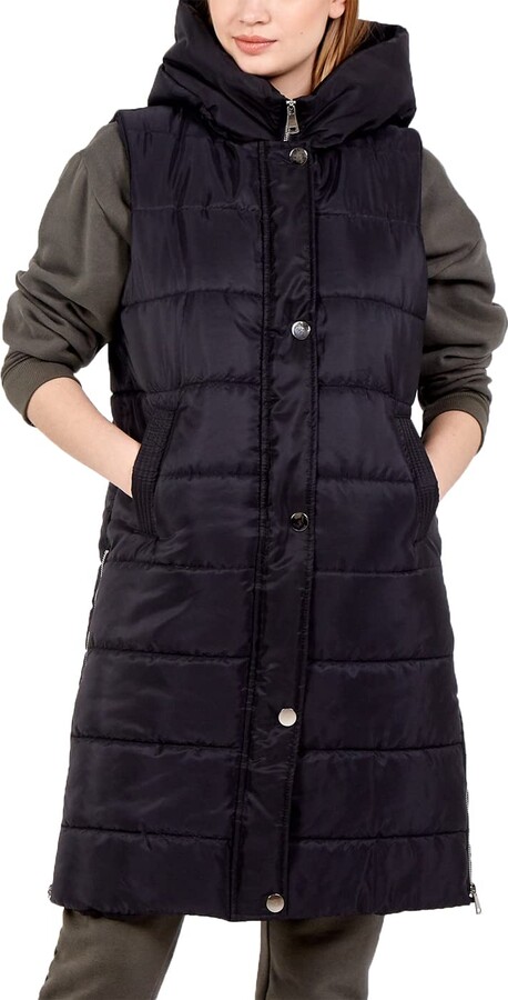 Crazy Fashion Women's Longline Gilet Jacket Hooded Quilted Zip Up Vest  Waistcoat Black Padded Winter Wear Bodywarmer Long Coat For Ladies UK 8-18  (Navy - ShopStyle