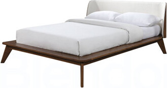 Corrigan Studio Walnut Color Queen Size Bed 1pc Fabric Winged Edge Headboard Platform Bedframe Mattress Ready Mid-Century Modern Style