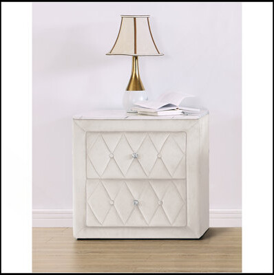 Everly Quinn 1Pc Ivory Nightstand Upholstery Fabric Top Two Storage Drawers Wooden Bedroom Furniture