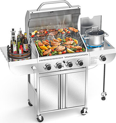 R.W.FLAME 4-Burner Stainless Steel Propane Gas Grill With Side Burner – 42,000 Btu High-Power Outdoor Cooking Station, Porcelain-Enameled Cast Iron Gr