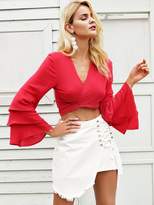 Thumbnail for your product : Shein Simplee Layered Sleeve Wrap Tie Back Crop Blouse