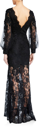 Badgley Mischka Couture Scalloped Lace Sheer-Hem Gown