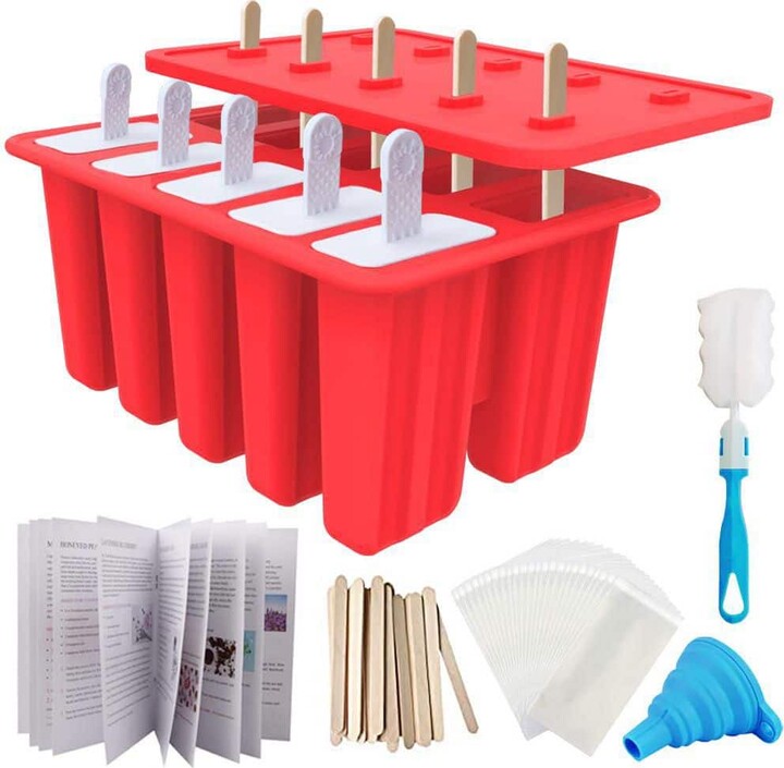 Wudkey 10-Cav Non-BPA Silicone Ice Pop Maker with 50 Sticks, 50 Bags, 10 Reusable Sticks, Funnel and Brush, Red
