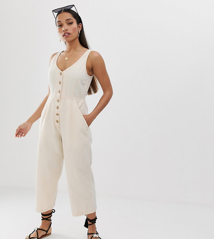 ASOS DESIGN Petite Denim Button through Jumpsuit in Off White - ShopStyle