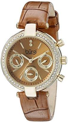 Burgi Women's BUR129TN Diamond & Crystal Accented Multifunction Yellow Gold and Light Brown Leather Strap Watch