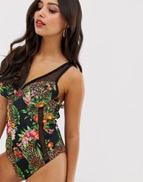 Thumbnail for your product : ASOS DESIGN recycled fuller bust exclusive fishnet insert underwired swimsuit in exotic tropic animal print dd-g