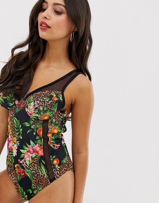 ASOS DESIGN recycled fuller bust exclusive fishnet insert underwired swimsuit in exotic tropic animal print dd-g
