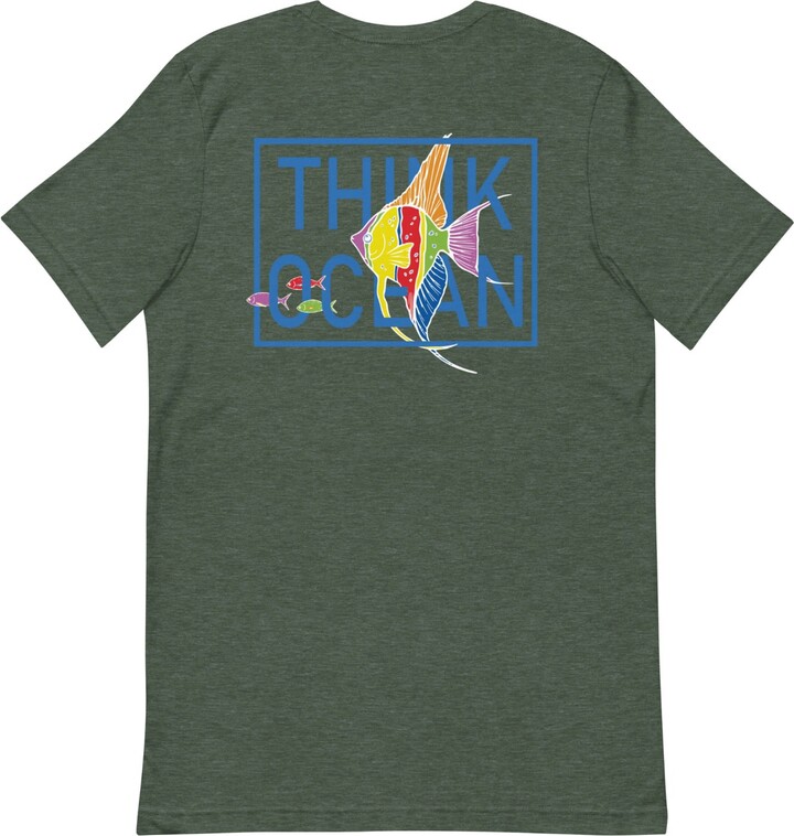 Anchor & Crew Heather Forest Green Think Ocean Fish Fluorescence Cotton Embroidered T-Shirt - Women