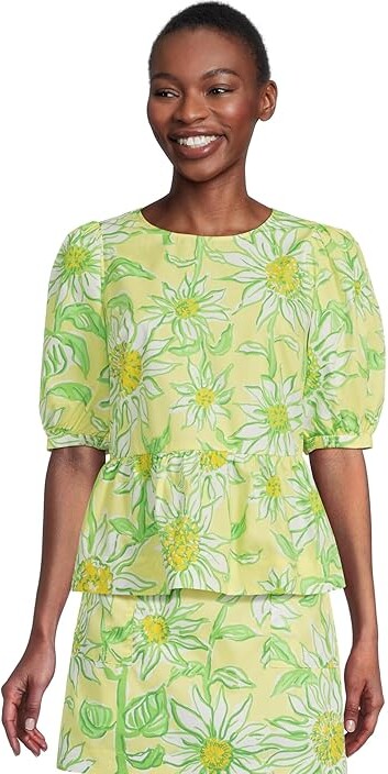 Lilly Pulitzer Hisli Short Sleeve Top Women's Clothing Limoncello Sunbelievable : MD, Cotton