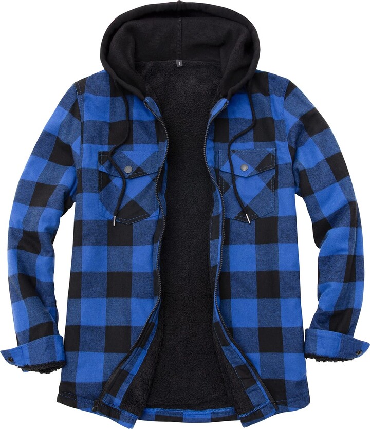 ZENTHACE Men's Sherpa Lined Full Zip Hooded Plaid Flannel Shirt Jacket