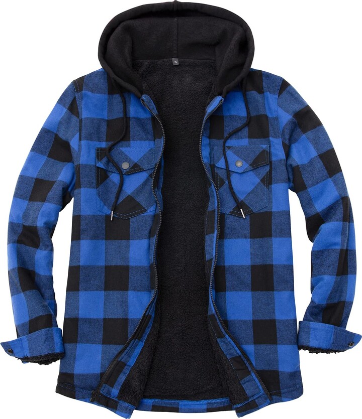 ZENTHACE Men's Sherpa Lined Full Zip Hooded Plaid Flannel Shirt Jacket ...