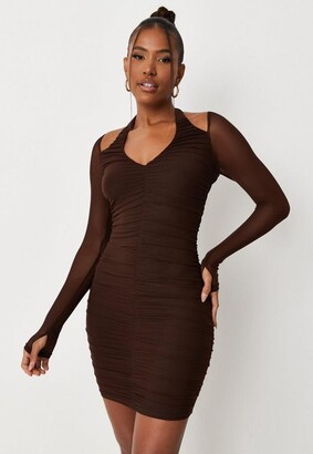 Missguided Carli Bybel X Chocolate Halterneck Long Sleeve Mesh Ruched Mini  Dress - ShopStyle