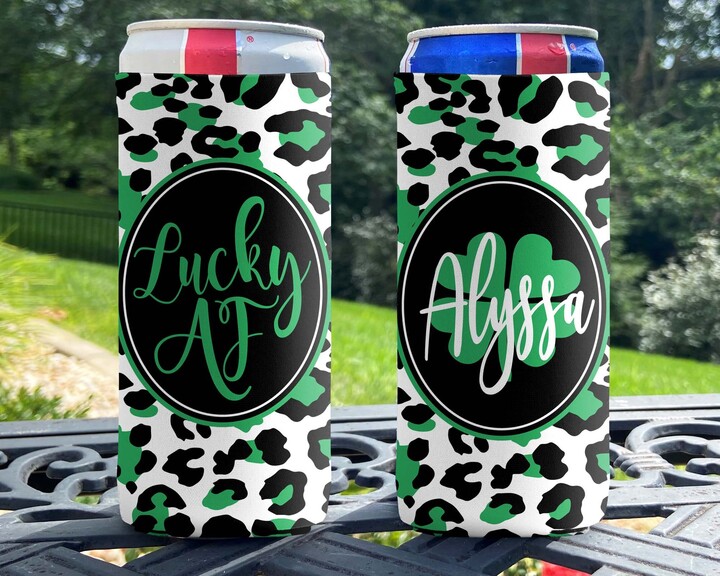 Etsy Personalized Slim Can Coolers - St. Patricks Cooler St Pats Coolies Leopard Day Lucky Af