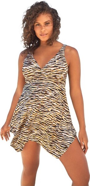 Swim 365 Swim365Handkerchief-HemTwist-FrontTummyControlTwo-PieceSwimDress-10,GoldZebraFoil