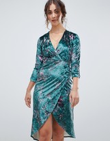Thumbnail for your product : Hope & Ivy long sleeve wrap front velvet midi dress in bird print