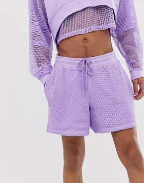 ASOS Design DESIGN co-ord jersey festival shorts with mesh overlay in purple