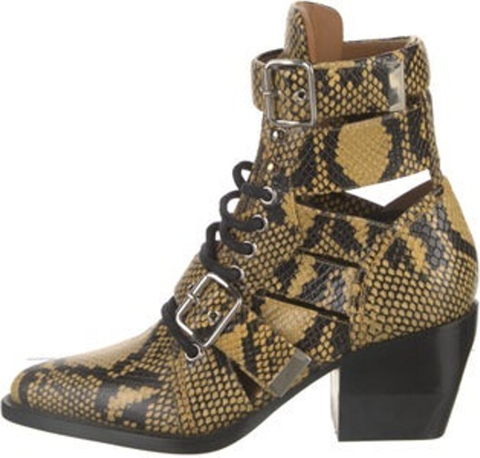 Chloé Leather Ankle Lace-Up Boots Black & Yellow Animal Print Semi-Pointed Toes Multistrap & Lace-Up Closure at Uppers Includes Box & Dust Bag