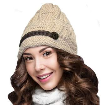 BEIGE Beauty America Women\'s Knitted Beanie Head Cap Leather Headwear Hats