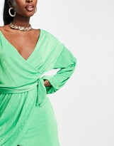 Thumbnail for your product : ASOS DESIGN wrap slinky blouson sleeve dress in green