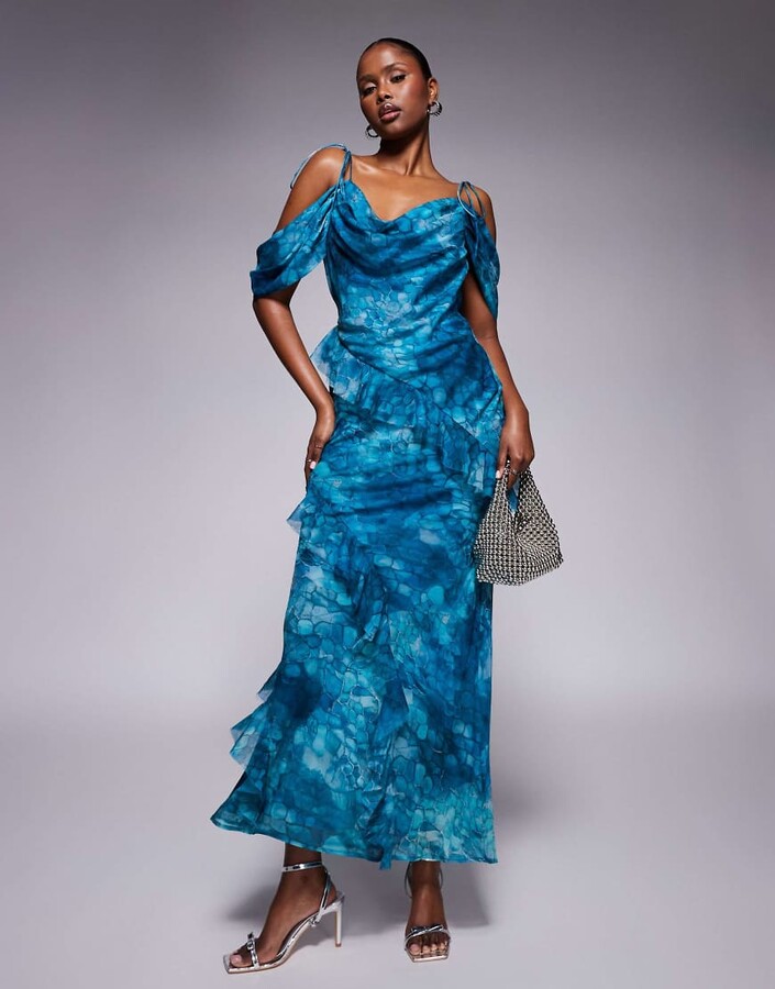 ASOS DESIGN off-the-shoulder bias maxi dress with ruffles in blue abstract print