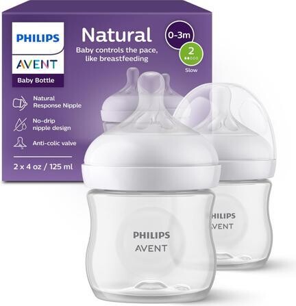Avent Naturally Philips Natural Baby Bottles with Natural Response Nipples (Slow Flow, Flow 2), 4oz, 2-pack, SCY900/02