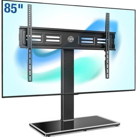 RUOCLRIS FITUEYES Universal TV Stand with Swivel Mount for 50-85 inch Flat Screens - Height Adjustable Tempered Glass Base Holds up to 143 lbs