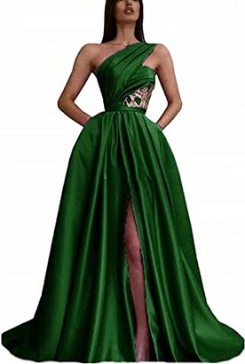 DELEND Long Prom Evening Dresses for Women One Shoulder Pleated Satin Gold Sequins Applique Formal Gowns-Fuschia_M