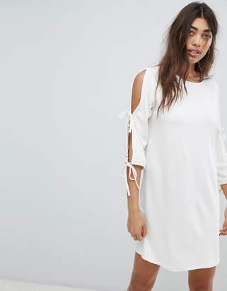 Noisy May jersey mini dress with tie detail in white