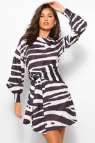 Thumbnail for your product : boohoo Zebra Print Belted Long Sleeve Shift Dress