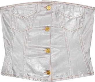 KAREN MILLEN Premium Viscose Blend Body Contouring Foiled Knit Bardot Thong  Bodysuit in Silver