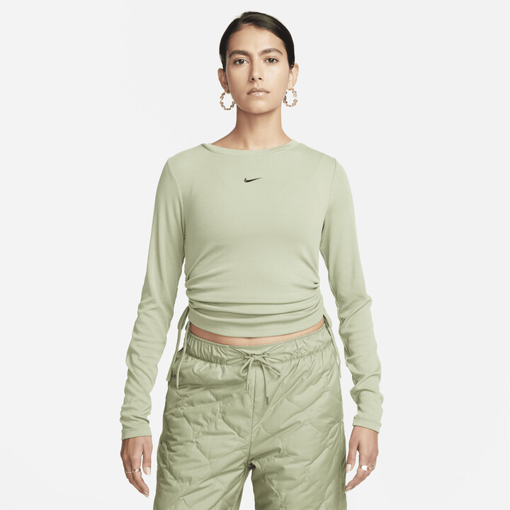 Nike Women's Sportswear Essential Ribbed Long-Sleeve Mod Crop Top in Green  - ShopStyle