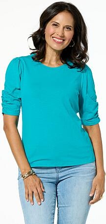 Jaclyn Smith Fashions Jaclyn Smith Ruched Puff-Sleeve Cotton Slub Knit Tee - Tile Blue - Size Small